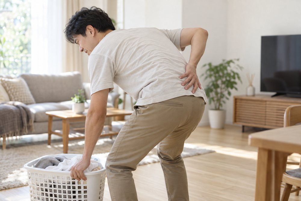 重い物を持ち上げようとして腰に痛みが走り、腰を押さえる男性(イメージ)